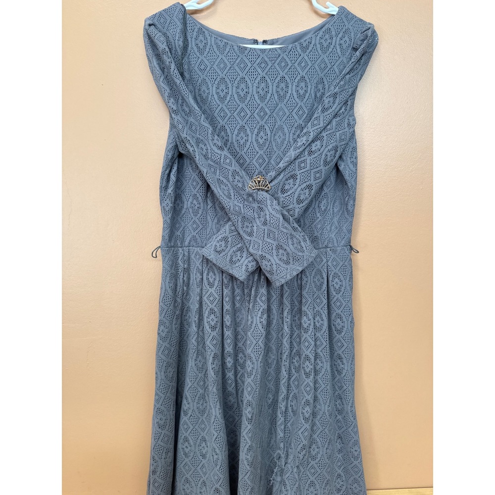 London Style Collection Blue Crochet Lace Fit Flare Dress 3/4 Sleeve Size 12